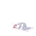  1girl brown_hair closed_eyes commentary full_body highres higuchi_madoka idolmaster idolmaster_shiny_colors long_sleeves lying mameyanagi object_hug pajamas pants pillow pillow_hug short_hair sleeping solo symbol-only_commentary white_background 