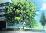  atsumori177 blue_sky building cloud cloudy_sky day entrance hedge highres no_humans original plant road scenery shadow sky street sunlight tree tree_shade window 