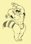  2023 anthro armpit_hair body_hair clothed clothing glitchedweasel hand_over_head happy_tree_friends hi_res jockstrap jockstrap_only lifty_(htf) male mammal monochrome muscular muscular_male open_mouth procyonid raccoon signature simple_background smile solo standing_on_toes teeth_showing topless underwear underwear_only yellow_background 
