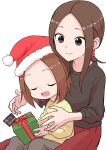  2girls absurdres box brown_eyes brown_hair christmas closed_eyes closed_mouth gift gift_box hat highres inaba_mifumi karakai_jouzu_no_takagi-san long_hair merry_christmas mother_and_daughter multiple_girls nishikata_chii open_mouth pants parted_bangs red_headwear red_skirt santa_hat sidelocks sitting sitting_on_lap sitting_on_person skirt smile sweater takagi-san yellow_sweater 