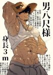  1boy abs bara black_hair clothes_lift facial_hair flee_ad grey_pants hat highres large_pectorals male_focus muscular muscular_male navel original pants pectorals short_hair smile solo straw_hat sweat tank_top translation_request white_tank_top 