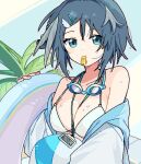  1girl aqua_eyes arknights ball beachball bikini blowing_whistle blue_background blue_hair breasts commentary dot_nose feather_hair goggles goggles_around_neck hair_ornament hairclip holding holding_ball holding_beachball id_card innertube jacket la_pluma_(arknights) la_pluma_(summer_flowers)_(arknights) large_breasts looking_at_viewer maguro_kan off_shoulder official_alternate_costume outline palm_tree short_hair solo swimsuit tree two-tone_background upper_body whistle white_background white_bikini white_jacket wing_hair_ornament 