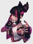  1girl black_gloves black_hair blue_eyes bracelet breasts collar cone_hair_bun double_bun fingerless_gloves gloves grey_background hair_bun han_juri jewelry kemachiku looking_at_viewer medium_breasts multicolored_hair pink_hair simple_background solo spiked_bracelet spiked_collar spikes street_fighter street_fighter_6 two-tone_hair upper_body 