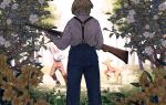  1boy animal arm_up blue_pants blurry bowl_cut brown_pants collared_shirt covered_eyes day deer depth_of_field facing_away fawn flag_(the_yearling) flower from_behind gun happy hinata_(echoloveloli) holding holding_gun holding_weapon jody_baxter long_sleeves male_focus multiple_views nature open_mouth outdoors pants playing rifle shirt shirt_tucked_in shoes standing sunlight suspenders the_yearling weapon white_flower white_shirt yellow_flower 