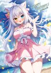  1girl :d aina_rive animal_ear_fluff animal_ears antenna_hair bangs bare_shoulders blue_eyes bow breasts cat_ears cat_girl cat_tail center_frills commentary_request dated dress flower frills grey_hair hair_between_eyes hair_bow hair_flower hair_intakes hair_ornament hand_up happy_birthday heterochromia highres long_hair looking_at_viewer mauve medium_breasts original petals pink_bow pink_dress pink_footwear shoes sleeveless sleeveless_dress smile solo standing standing_on_one_leg tail very_long_hair water yellow_eyes yellow_flower 