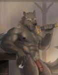  absurd_res anthro black_nipples blaidd_(elden_ring) bublelery canid canine canis container cup drinking_glass elden_ring fangs flaccid fromsoftware genitals glass glass_container glass_cup hi_res male mammal melee_weapon muscular muscular_male nipples penis pubes scar solo sword teeth weapon wolf 