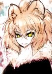  1girl animal_ears black_coat blonde_hair closed_mouth coat extra_ears ise_(0425) kemono_friends lion_(kemono_friends) lion_ears lion_girl lion_hair long_hair looking_at_viewer scarf simple_background smile solo white_scarf yellow_eyes 
