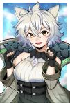  1girl absurdres animal_ears bonoshii breasts cat_ears cat_girl chest_jewel clothing_cutout core_crystal_(xenoblade) crystal diamond_cutout fingerless_gloves gloves high-waist_shorts highres looking_at_viewer medium_breasts messy_hair na&#039;el_(xenoblade) romper short_hair short_shorts shorts solo thighhighs thighs xenoblade_chronicles_(series) xenoblade_chronicles_3 xenoblade_chronicles_3:_future_redeemed yellow_eyes 