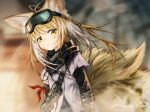  1girl absurdres animal_ear_fluff animal_ears antenna_hair arknights arm_ribbon black_scarf blonde_hair closed_mouth commentary_request fox_ears fox_girl fox_tail goggles goggles_on_head highres kitsune kyuubi layered_sleeves long_hair long_sleeves looking_at_viewer multicolored_hair multiple_tails official_alternate_costume rau_ma_(the_rauma001) red_ribbon ribbon scarf shirt short_sleeves solo suzuran_(arknights) suzuran_(lostlands_flowering)_(arknights) tail two-tone_hair upper_body white_hair white_shirt wide_sleeves yellow_eyes 