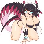  1girl barefoot bikini black_hair blue_eyes bracelet breasts cahf/find cleavage dragon_girl dragon_horns dragon_tail dragon_wings duel_monster full_body glasses horns house_dragonmaid jewelry kneeling large_breasts short_hair simple_background solo swimsuit tail white_background wings yu-gi-oh! 