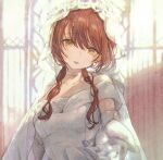  1girl blush bridal_veil brown_hair dress earrings elbow_gloves gloves highres idolmaster idolmaster_shiny_colors jewelry kuroda_kuroko long_hair looking_at_viewer osaki_tenka reaching reaching_towards_viewer solo swept_bangs upper_body veil wedding_dress white_dress white_gloves yellow_eyes 