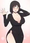  1girl absurdres black_dress black_hair blush breasts brown_eyes carcass_(artist) chest_tattoo cleavage dress hands_up highres large_breasts long_sleeves mole mole_under_mouth open_mouth original short_hair side_slit solo tattoo 