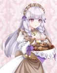  1girl :o apron basket brown_apron commentary_request cookie dress fire_emblem fire_emblem:_three_houses fire_emblem_heroes food hair_ribbon headdress holding holding_basket juliet_sleeves kakiko210 long_hair long_sleeves lysithea_von_ordelia lysithea_von_ordelia_(tea_party) official_alternate_costume pink_eyes puffy_sleeves purple_ribbon ribbon solo waist_apron white_dress white_hair 
