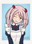  1girl alternate_costume apron black_dress dated dress enmaided grin hair_bobbles hair_ornament highres kantai_collection konato_k maid medium_hair one-hour_drawing_challenge pink_eyes pink_hair rabbit_on_shoulder sazanami_(kancolle) short_hair smile solo twintails white_apron 