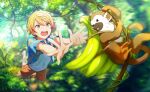  1boy bad_source banana blonde_hair brown_shorts food fruit hair_between_eyes highres jungle lemur male_focus nature official_art palms project_sekai sandals shirt short_sleeves shorts teeth tenma_tsukasa third-party_source upper_teeth_only white_shirt 