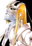  absurdres alternate_form alternate_skin_color armor asymmetrical_hair black_sclera bleach bleach:_brave_souls blonde_hair colored_sclera half_mask highres hirako_shinji hollow_mask ken&#039;ichi_(ken1ro_u) long_hair male_focus mask monochrome_background neckerchief pale_skin shoulder_armor smile teeth upper_body yellow_eyes 