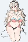  1girl bikini black_bikini_bottom black_headwear blush breasts clam_shell cleavage corrin_(female)_(fire_emblem) corrin_(fire_emblem) dragon_girl fire_emblem fire_emblem_fates groin hand_on_breasts hand_on_own_chest happy headband highres large_breasts light_blush looking_at_viewer navel red_eyes shell shell_bikini shiny_skin sixtybuzzer smile starfish starfish_hair_ornament swimsuit thighs wavy_hair wide_hips 