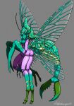  1girl antennae arthropod_girl arthropod_limbs artist_name blue_eyes breasts carapace closed_mouth colored_skin full_body green_skin grey_background highres horizontal_pupils insect_wings looking_at_viewer mandibles multicolored_skin multiple_legs original pincers pink_skin simple_background small_breasts solo standing standing_on_one_leg tail toipokun_oyashi wings 