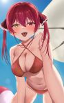  1girl absurdres all_fours ball beach_umbrella beachball bikini blue_sky blush breasts cleavage day heterochromia highres hololive houshou_marine large_breasts long_hair looking_at_viewer navel noviceeeeeeee open_mouth outdoors red_bikini red_eyes red_hair sky solo stomach swimsuit teeth tongue tongue_out twintails umbrella upper_teeth_only virtual_youtuber yellow_eyes 