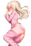  1girl ass blonde_hair blush breasts closed_eyes clothes_pull cum cum_on_body fate/kaleid_liner_prisma_illya fate_(series) hair_between_eyes highres illyasviel_von_einzbern long_hair long_sleeves lying no_panties on_side open_mouth pajamas pants pants_pull pink_pants pink_shirt shirt sidelocks sleeping small_breasts solo thighs zirba 