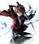  1boy arm_up closed_mouth cofffee cowboy_shot cross_scar floating_hair hakama himura_kenshin holding holding_sword holding_weapon japanese_clothes katana kimono long_hair looking_at_viewer male_focus orange_hair ponytail red_kimono rurouni_kenshin scar scar_on_cheek scar_on_face serious solo sword weapon white_hakama wide_sleeves 