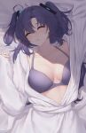  1girl absurdres bed_sheet blue_archive blush bra breasts closed_eyes collarbone hair_between_eyes highres large_breasts long_hair long_sleeves open_mouth pajamas purple_bra purple_hair sleeping solo soo_ou two_side_up underwear upper_body white_pajamas yuuka_(blue_archive) 