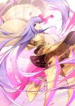  1girl bare_shoulders blush breasts claw_(weapon) claws fate/grand_order fate_(series) hair_ribbon highres huge_breasts long_hair looking_at_viewer no-kan o-ring open_mouth pantyhose passionlip_(fate) pink_eyes pink_ribbon pink_shorts puffy_shorts purple_hair ribbon shorts sideboob solo striped striped_shorts very_long_hair weapon white_pantyhose 