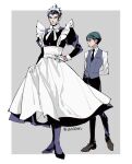  2boys alternate_costume aogami_(smtv) apron arms_behind_back black_dress black_footwear black_hair black_pants blue_hair closed_mouth crossdressing dress enmaided full_body gloves hand_on_own_hip highres long_sleeves maid maid_headdress male_focus multiple_boys necktie pants protagonist_(smtv) shin_megami_tensei shin_megami_tensei_v shirt simple_background standing twitter_username vest white_apron white_gloves white_shirt za210n 