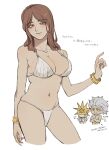  1boy 2girls absurdres alternate_costume arm_at_side bikini blush bracelet breasts brother_and_sister brown_eyes brown_hair cleavage closed_mouth cropped_torso crossed_arms dark_souls_(series) dark_souls_i dark_souls_iii dark_sun_gwyndolin genderswap genderswap_(mtf) gold gold_bracelet grey_bikini grey_hair highres jewelry large_breasts long_hair multiple_girls nameless_king navel queen_of_sunlight_gwynevere ring siblings sisters smile solo_focus swimsuit translation_request upper_body zunkome 