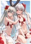  2girls ;) amatsukaze_(kancolle) bikini black_hairband blue_sky blush breasts cloud commentary_request day flower grey_hair hair_between_eyes hair_flower hair_ornament hairband highres kantai_collection long_hair looking_at_viewer medium_breasts multiple_girls navel ocean one_eye_closed open_clothes open_shirt outdoors purple_eyes red_bikini red_eyes red_flower shimakaze_(kancolle) shirt sitting sky smile swimsuit takanashi_kei_(hitsujikan) two_side_up wet white_shirt 