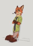 2023 aar0njay aloha_shirt anthro barefoot blep bottomwear canid canine clothed clothing digital_media_(artwork) disney feet fox fully_clothed green_eyes grey_background looking_at_viewer male mammal neck_tuft necktie nick_wilde pants pattern_clothing pattern_shirt pattern_topwear red_fox shirt signature simple_background solo tongue tongue_out topwear tuft zootopia 