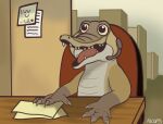  absurd_res alco_(alcosaurusrex) alcosaurusrex crocodile crocodilian crocodylid desk digital_media_(artwork) fan_character furniture hi_res male office reptile scalie smile table 