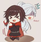  &gt;_&lt; 2girls akane031 black_dress blush brown_hair cape carrying_over_shoulder chibi dress english_text long_hair multiple_girls open_mouth ponytail red_cape ruby_rose rwby shaded_face short_hair weiss_schnee white_hair 