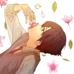 1boy arm_up bandaged_hand bandages black_hair bug butterfly collared_shirt covered_mouth flower flower_over_mouth from_side green_eyes grey_sweater_vest holding holding_flower kenmochi_touya kenmochi_touya_(1st_costume) leaf looking_at_animal lying male_focus necktie nijisanji no_jacket on_back pink_flower plaid_necktie popoyu profile red_necktie shirt short_hair simple_background solo sweater_vest upper_body virtual_youtuber white_background white_shirt 