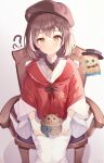  1girl :o ? ?? aid! basket beret bird bow bowtie braid brown_eyes brown_footwear brown_hair capelet embroidery floral_print friend_(nanashi_mumei) furisode hat highres hololive hololive_english hootsie_(nanashi_mumei) japanese_clothes kimono multicolored_hair nanashi_mumei nanashi_mumei_(2nd_costume) official_alternate_costume official_alternate_hair_length official_alternate_hairstyle owl print_kimono red_capelet red_shawl ribbon shawl short_hair sitting solo streaked_hair top_hat virtual_youtuber white_kimono wide_sleeves wooden_chair 