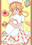  1girl apron back_bow blonde_hair blue_eyes blush bow braided_hair_rings checkerboard_cookie chef chef_hat clenched_hands cookie cream dress earrings english_commentary food frills hat heart-shaped_cookie highres holding jewelry looking_down mario_(series) nose_blush parted_lips pastry_bag pastry_chef_peach plaid plaid_dress princess_peach princess_peach:_showtime! puffy_short_sleeves puffy_sleeves red_lips short_sleeves softp3ach solo sphere_earrings twitter_username yellow_background 