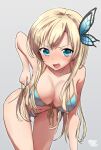  1girl absurdres ass_visible_through_thighs bikini blonde_hair blue_bikini blue_eyes blush boku_wa_tomodachi_ga_sukunai breasts butterfly_hair_ornament collarbone commentary_request fang grey_background hair_ornament highres kashiwazaki_sena large_breasts leaning_forward long_hair looking_at_viewer navel open_mouth rokochandayo simple_background solo swimsuit twitter_username 