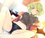  1boy :o barefoot black_panties blurry blurry_background blush feet firefighter_jacket green_hair grey_shirt jacket knees_apart_feet_together lio_fotia looking_at_viewer male_focus navel open_clothes open_jacket open_mouth otoko_no_ko panties parted_lips promare purple_eyes red_jacket shirt short_hair sidelocks solo spread_legs thighs underwear yuyu_(yuyudesu0806) 
