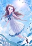  1girl absurdres blue_eyes blue_sailor_collar blue_sky brown_hair cloud dress fish highres loafers long_hair looking_at_viewer minau37 mukaido_manaka nagi_no_asukara nami_junior_high_school_uniform sailor_collar sailor_dress school_uniform see-through_silhouette shoes sky solo sun swimming underwater white_dress 