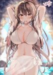  1girl absurdres bare_arms bare_shoulders bikini blush breasts brown_eyes brown_hair cleavage closed_mouth collarbone commission cowboy_shot hair_between_eyes hands_in_hair highres kantai_collection large_breasts long_hair looking_at_viewer navel skeb_commission smile solo swimsuit very_long_hair white_bikini yam_(yamap_mako) yamato_(kancolle) 