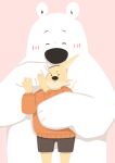  2023 anthro bear biped black_nose bottomwear brown_body canid canine clothing dot_eyes duo embrace eyes_closed hi_res hug hugging_from_behind humanoid_hands kemono mammal panda_po pink_background polar_bear shorts simple_background size_difference sweater topwear ursine white_body 
