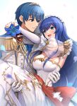  1boy 1girl blue_eyes blue_hair breasts bride caeda_(bridal)_(fire_emblem) caeda_(fire_emblem) carrying carrying_person cleavage detached_sleeves dress fire_emblem fire_emblem:_mystery_of_the_emblem fire_emblem_heroes gloves gonzarez groom highres husband_and_wife long_hair looking_at_another marth_(groom)_(fire_emblem) medium_breasts official_alternate_costume princess_carry red_sash sash see-through see-through_sleeves smile teeth upper_body upper_teeth_only wedding_dress white_background white_dress white_gloves 