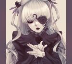  1girl barasuishou crystal dog_shadow_puppet dress eyepatch flower flower_eyepatch greyscale hair_ornament kiru_(m_putorius) lolita_fashion long_hair long_sleeves looking_down monochrome own_hands_together rose rozen_maiden simple_background solo two_side_up upper_body 