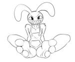  3_toes anthro barefoot feet foot_focus hi_res humanoid_feet jax_(the_amazing_digital_circus) lagomorph leporid male mammal overalls_only paws plantigrade rabbit simple_background sitting sketch smile smirk soles solo toes zp92 