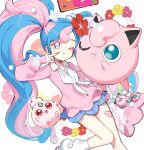  1girl bag blue_skirt bull_sprite_(pokemon) cardigan cellphone choker clefairy_sprite_(pokemon) fairy_miku_(project_voltage) fish_sprite_(pokemon) flower hair_flower hair_ornament hatsune_miku heart heart_choker highres igglybuff jigglypuff leg_warmers long_hair multicolored_hair nail_polish one_eye_closed phone pink_cardigan pink_nails pokemon pokemon_(creature) project_voltage selfie shoulder_bag skirt twintails two-tone_hair very_long_hair vocaloid yu-ri 