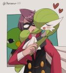  1boy 1girl a-nya artist_name ascot bird black_eyes black_vest blue_background blush bob_cut border buttons closed_eyes collared_shirt commentary_request domino_mask gardevoir green_hair grey_border hair_over_one_eye hand_on_another&#039;s_cheek hand_on_another&#039;s_face hand_up happy heart hetero highres hug hug_from_behind interspecies layered_sleeves long_sleeves looking_at_viewer mask nervous nervous_smile one_eye_covered open_mouth outside_border partial_commentary pokemon pokemon_(creature) pokemon_(game) pokemon_hgss purple_hair red_shirt shirt short_hair sidelocks signature simple_background smile standing sweat twitter_username u_u upper_body vest white_ascot will_(pokemon) xatu 