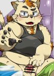  2023 after_masturbation anthro balls belly blush bodily_fluids clothing cum cum_on_hand domestic_cat erection eyewear felid feline felis genital_fluids genitals glasses humanoid_hands kemono kurobosi_48 male mammal overweight overweight_male penis shirt small_penis solo topwear 