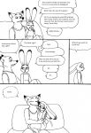  2023 4_fingers anthro bed bernielover bernielover&#039;s_college_au blush bottomwear breasts canid canine claws clothed clothing comic cuddling dialogue disney duo english_text female finger_claws fingers fox fur furniture group hi_res humanoid_hands judy_hopps lagomorph leporid male male/female mammal monochrome nick_wilde pants rabbit shirt shorts sitting smile speech_bubble tank_top text topwear watching_tv zootopia 