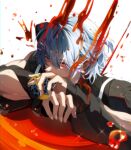  1boy black_shirt blood blood_on_clothes blood_on_face blue_eyes blue_hair covered_mouth cup half_updo holding holding_cup light_blue_hair long_sleeves male_focus medium_hair multicolored_eyes myagarin pink_eyes shirt short_ponytail sitri_(what_in_hell_is_bad) solo teacup what_in_hell_is_bad white_background 