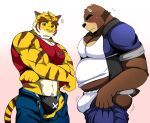 2boys animal_ears ass bara bear_boy belt big_belly black_belt black_male_swimwear blush bouncing_bulge bulge bulge_lift character_request dressing fat fat_man feet_out_of_frame forked_eyebrows from_side fundoshi furry furry_male furry_with_furry i&#039;ve_never_seen_a_guy_recreate_this_successfully_tbh_(meme) japanese_clothes large_bulge large_pectorals looking_at_bulge male_focus male_swimwear male_underwear meme midriff_peek morenatsu mouhu_(bearlovestiger13) multiple_boys muscular muscular_male open_pants pants pants_lift pectoral_cleavage pectorals print_male_swimwear red_tank_top short_hair stomach sweatdrop swim_briefs tail tank_top thick_eyebrows tiger_boy tiger_ears tiger_tail torahiko_oshima undersized_clothes underwear white_male_underwear wide-eyed yaoi yellow_fur 
